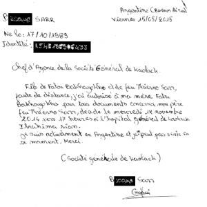 Foto 13. Facsímil de la carta enviada por Bob a un banco en Senegal,<br /> en su rol como líder familiar. 
